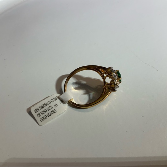 SYN EMERALD CLUSTER CZ GOLD PL RING SZ 10 14KT - Picture 12 of 16